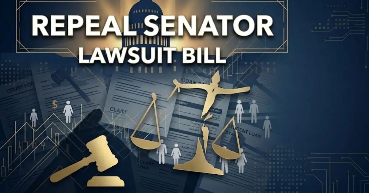 senator lawsuit bill headline banner with Capitol silhouette and legal symbols in navy and gold