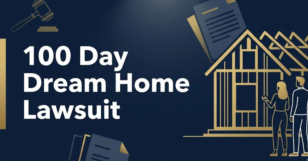 100 day dream home lawsuit 2026 editorial banner with gavel icon and unfinished house silhouette on navy background