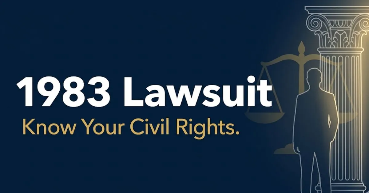 1983 lawsuit civil rights legal guide banner with courthouse silhouette and scale of justice on navy background