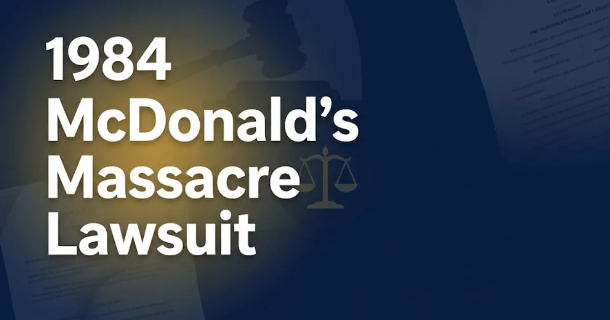1984 McDonald's massacre lawsuit legal hero banner showing gavel scales and deep navy editorial design