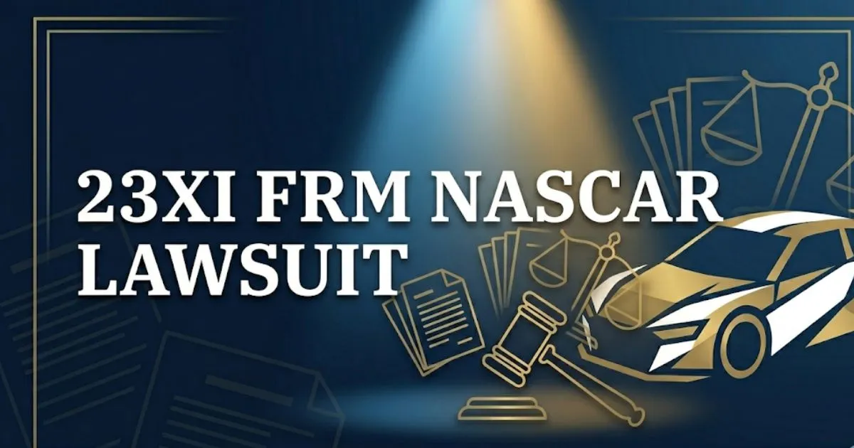 23XI FRM NASCAR Lawsuit 2026 legal breakdown banner with racing silhouette and antitrust case headline text