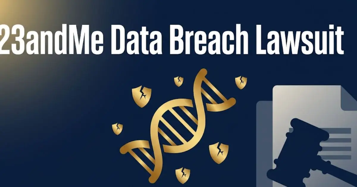 23andMe data breach lawsuit 2026 legal banner with DNA helix and gavel icons on navy background
