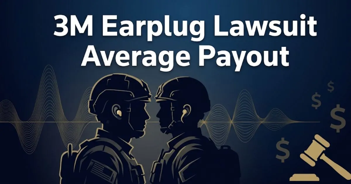 3M earplug lawsuit average payout guide showing military veteran silhouette with legal imagery and settlement information