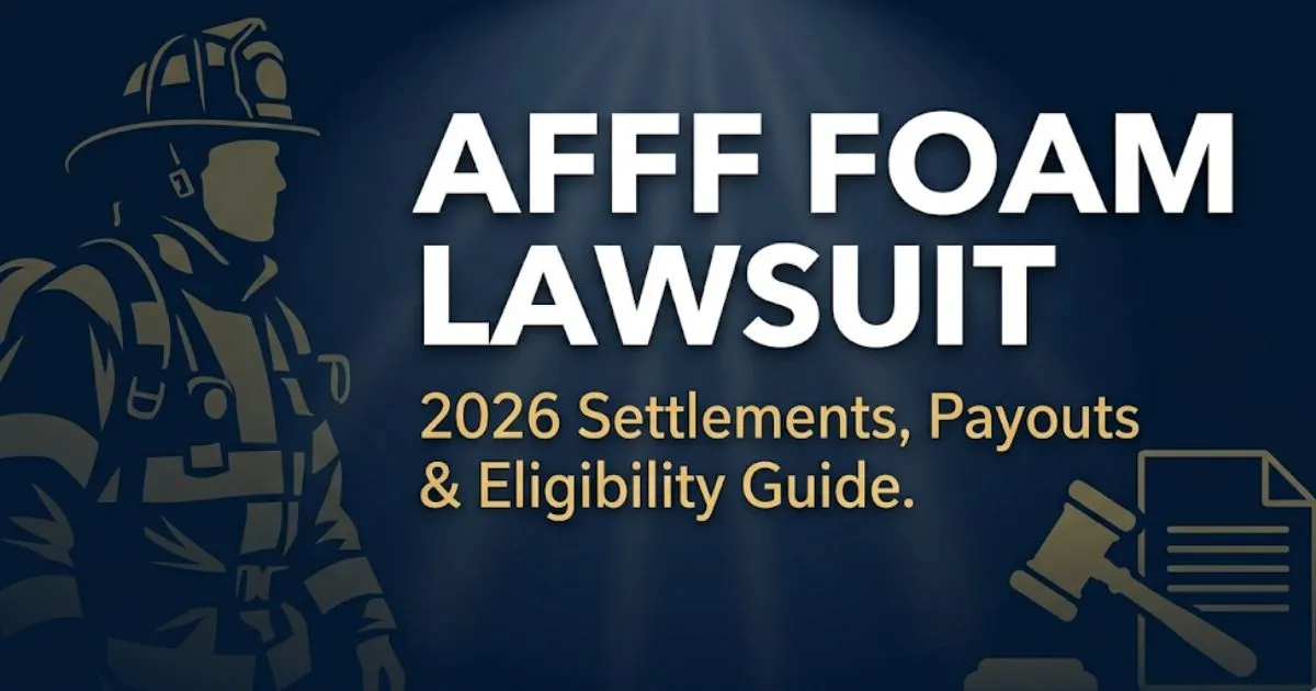 AFFF foam lawsuit 2026 hero banner showing firefighter silhouette and settlement eligibility information in navy and gold