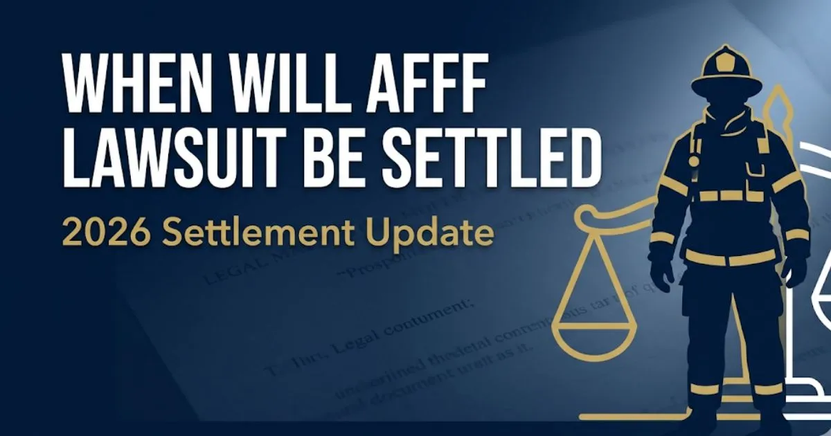 AFFF lawsuit settlement 2026 banner showing firefighter silhouette and legal scales on navy background