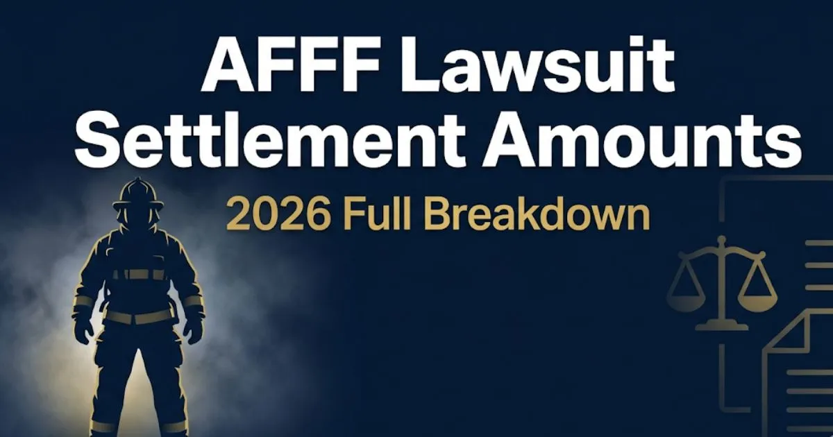 AFFF lawsuit settlement amounts 2026 banner with firefighter silhouette and legal scale icons on navy background