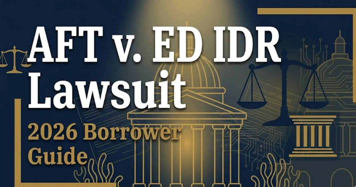 AFT v. ED IDR lawsuit 2026 borrower guide banner with courthouse silhouette and legal scales on navy background
