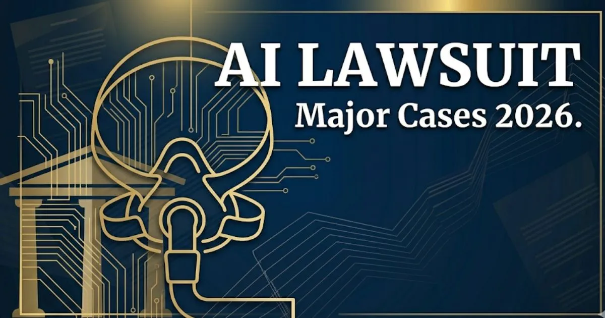 AI lawsuit news 2026 hero banner showing courthouse silhouette and circuit board patterns on navy background
