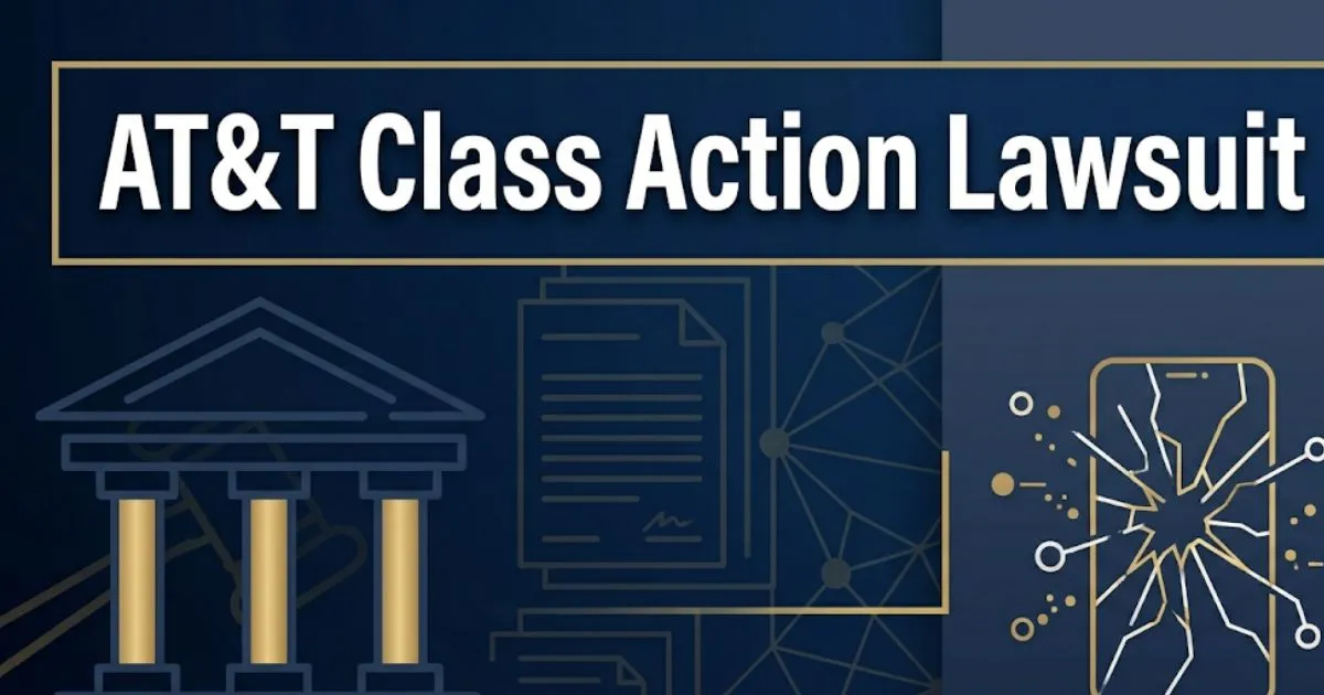 AT and T class action lawsuit 2026 legal banner with courthouse and data breach imagery