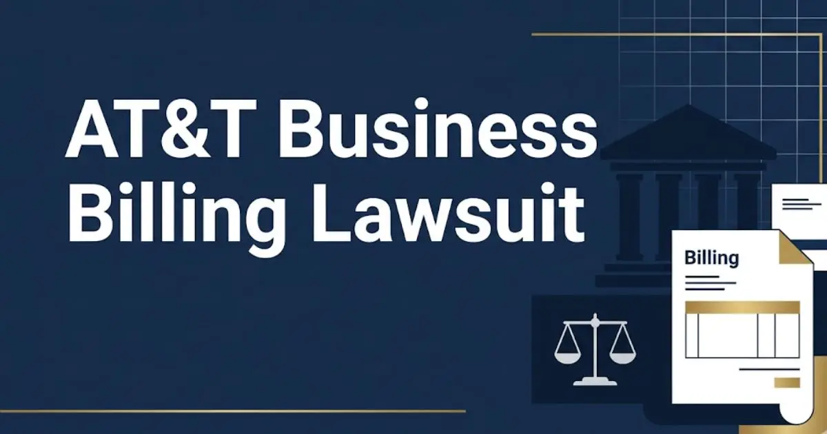 AT&T Business Billing Lawsuit banner with legal scales and courthouse icons on navy background