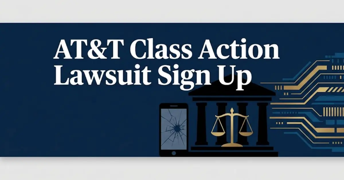 AT&T class action lawsuit sign up 2026 guide banner with courthouse and data breach imagery
