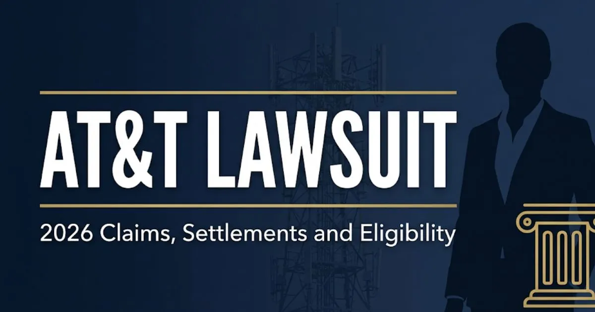 AT&T lawsuit 2026 legal banner showing courthouse silhouette, bold headline text, and gold accents on navy background
