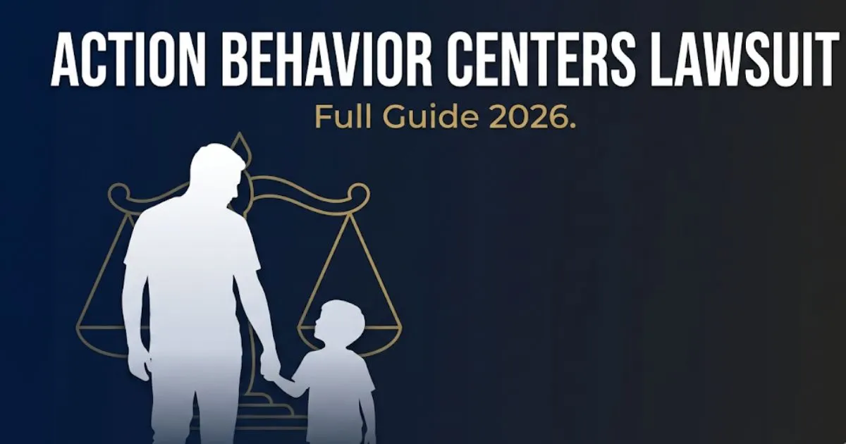 Action behavior centers lawsuit 2026 hero banner with legal symbols and parent-child silhouette on navy background
