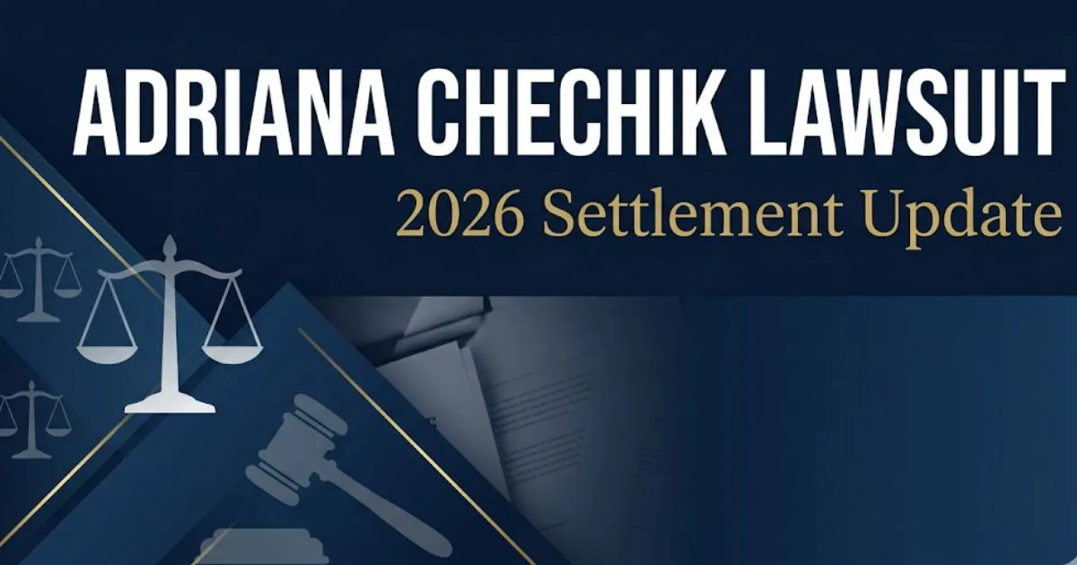 Adriana Chechik lawsuit 2026 settlement information banner with legal scales and gavel graphics