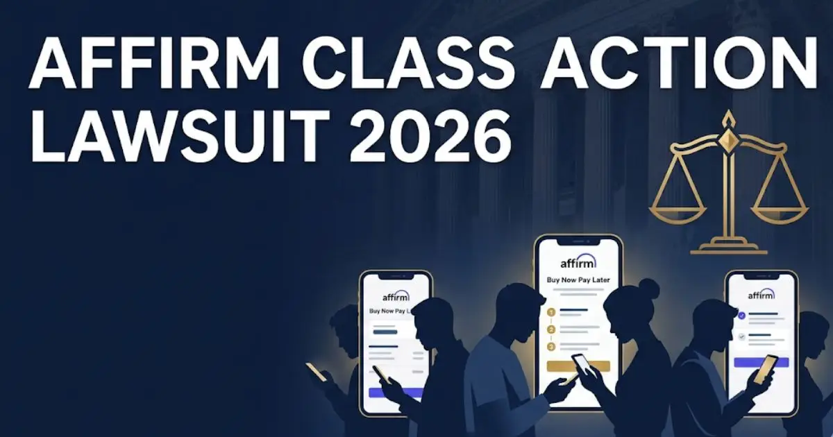 Affirm class action lawsuit 2026 legal guide banner with courthouse silhouette and scales of justice