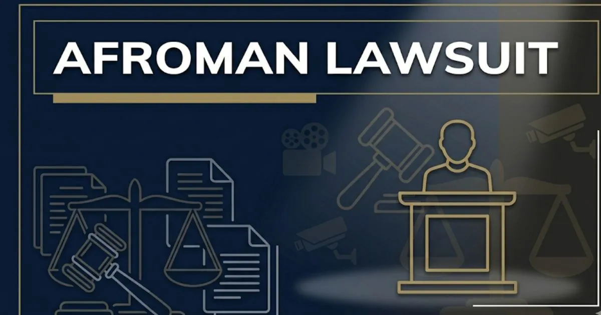Afroman lawsuit 2026 legal news banner with courtroom silhouette and scales of justice on navy background