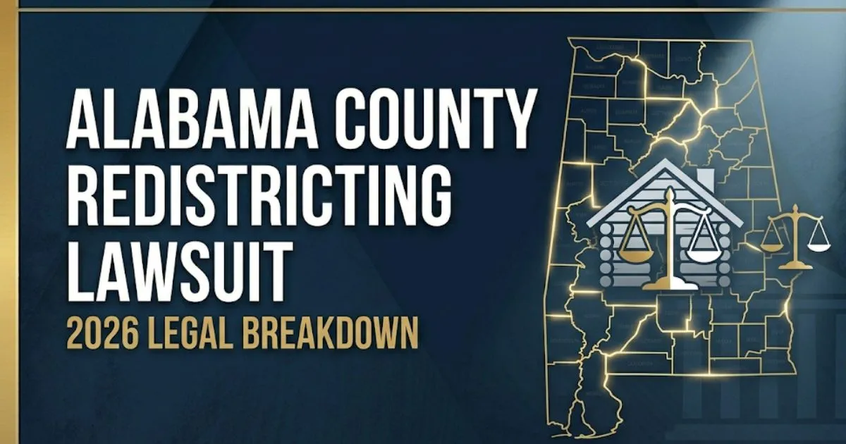 Alabama county redistricting lawsuit 2026 guide showing stylized Alabama county map with legal district boundaries highlighted