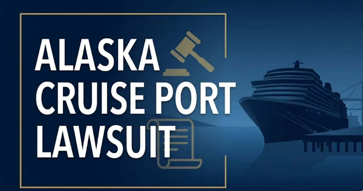 Alaska cruise port lawsuit 2026 legal guide banner showing cruise ship silhouette and gavel icon in navy and gold