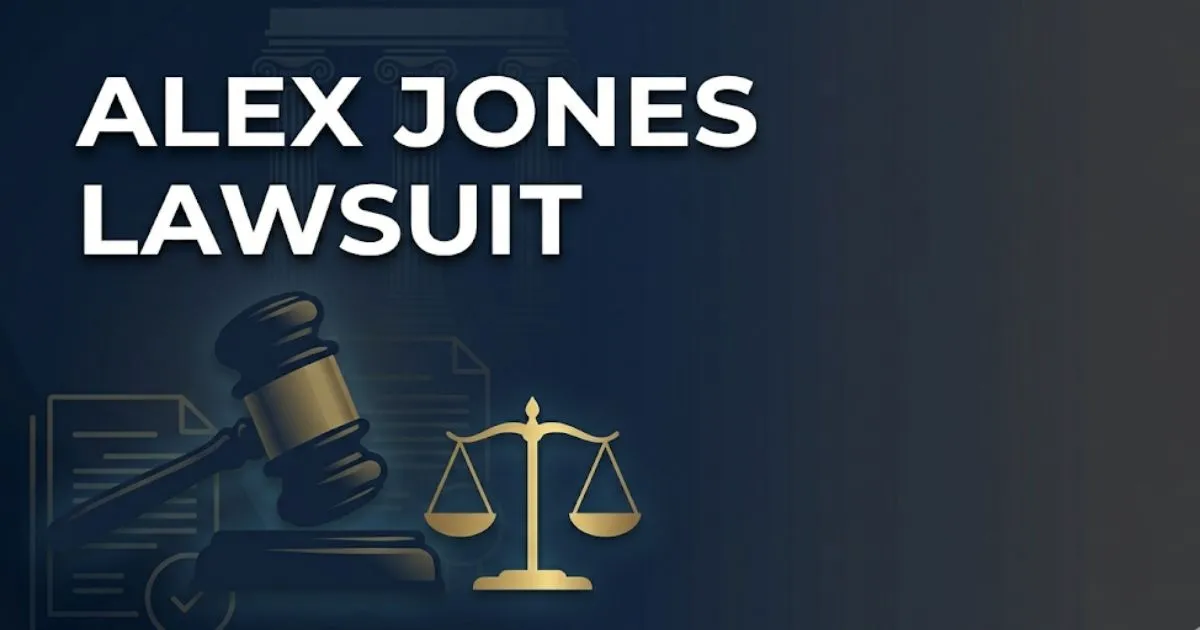 Alex Jones lawsuit legal banner showing courtroom theme with scales of justice and gavel in navy and gold tones