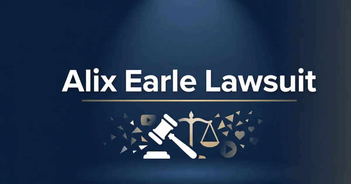 Alix Earle lawsuit 2026 blog banner with legal symbols and navy gold design