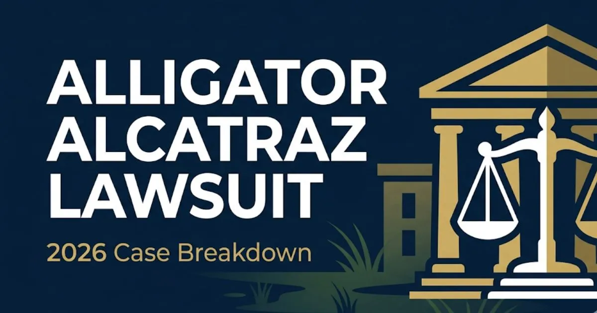 Alligator Alcatraz lawsuit 2026 case breakdown editorial banner with courthouse silhouette and scales of justice