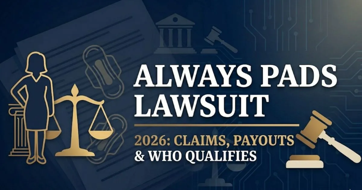 Always pads lawsuit 2026 banner showing legal scales, courthouse icons, and bold headline text on navy background