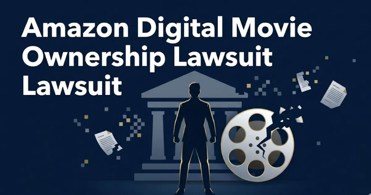 Amazon digital movie ownership lawsuit 2026 guide banner showing courthouse silhouette and broken film reel on navy background