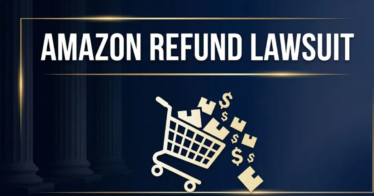 Amazon refund lawsuit 2026 legal blog banner with shopping cart and courthouse imagery