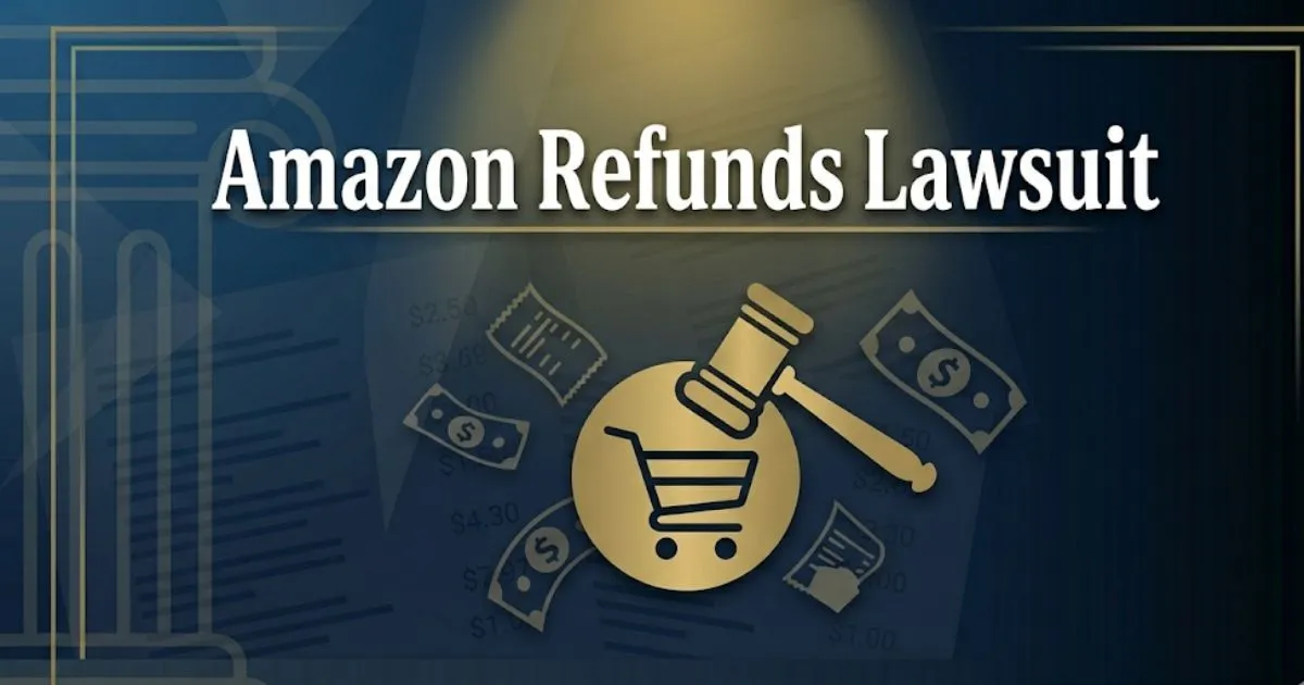 Amazon refunds lawsuit 2026 banner with gavel and shopping cart legal illustration