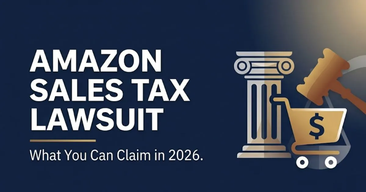 Amazon sales tax lawsuit 2026 blog banner with courthouse icons and bold headline text on navy background