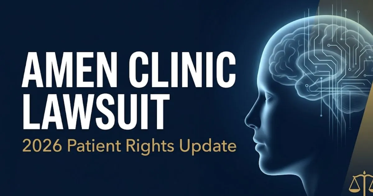 Amen Clinic Lawsuit 2026 hero banner showing brain scan silhouette and legal scales on navy background