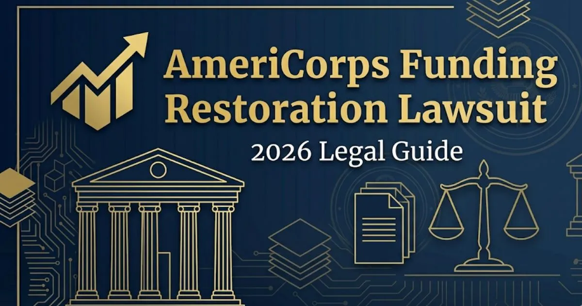 AmeriCorps funding restoration lawsuit 2026 legal guide banner with courthouse silhouette and balance scale