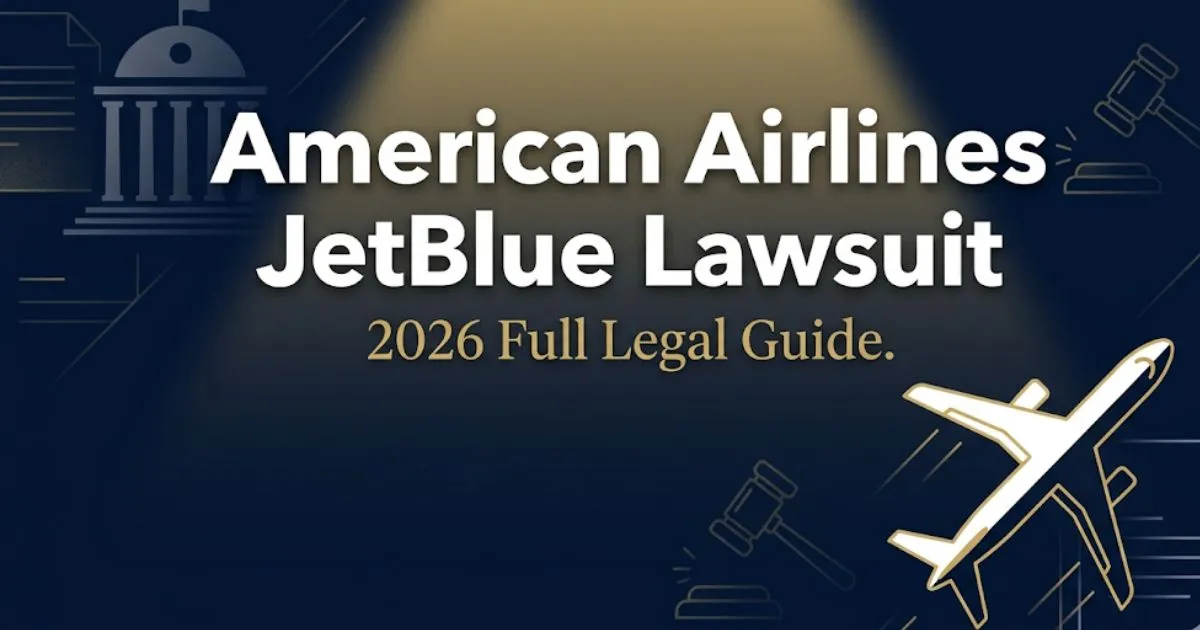 American Airlines JetBlue Lawsuit 2026 full legal guide banner with courthouse silhouette and airplane icon on navy background