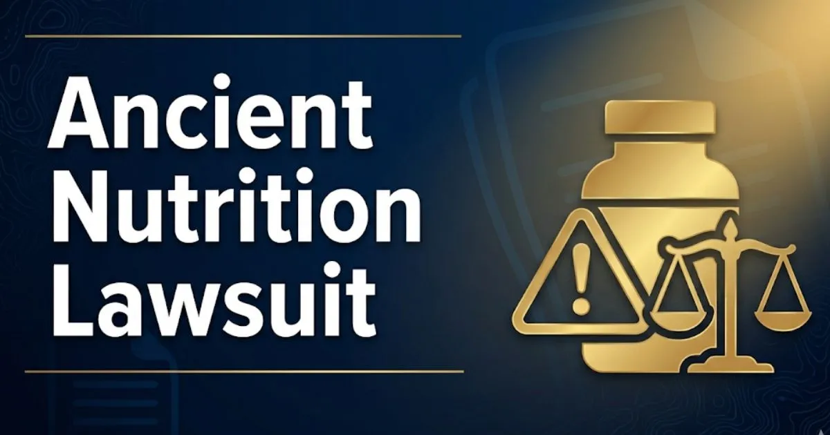 Ancient Nutrition lawsuit 2026 settlement claims and payout guide banner with legal symbols and supplement bottle silhouette