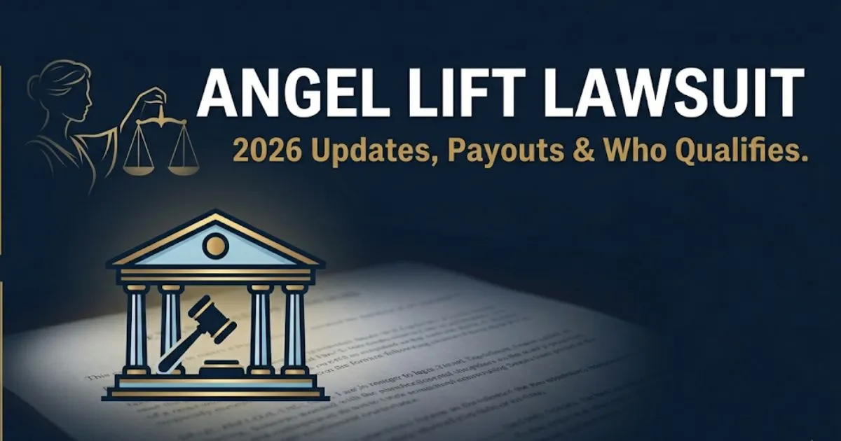 Angel Lift Lawsuit 2026 banner showing legal scales and headline text with settlement update information