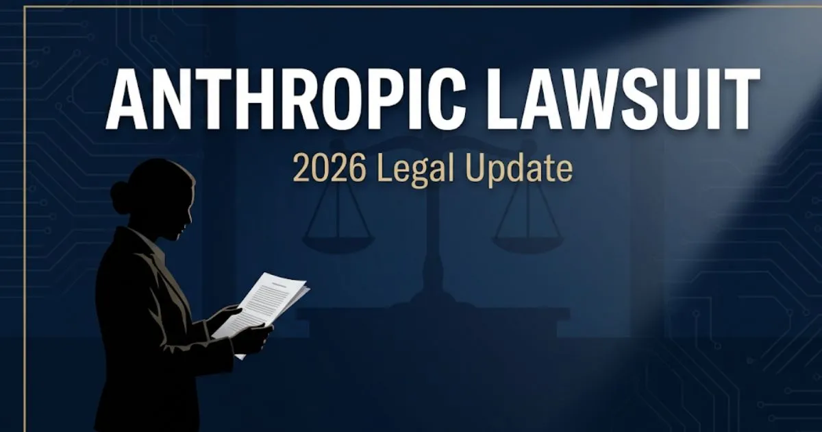 Anthropic lawsuit 2026 legal update banner with scales of justice and courtroom silhouette on navy background