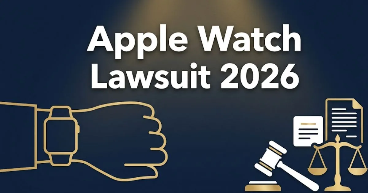 Apple Watch lawsuit 2026 legal banner showing smartwatch silhouette, scales of justice, and bold lawsuit headline text