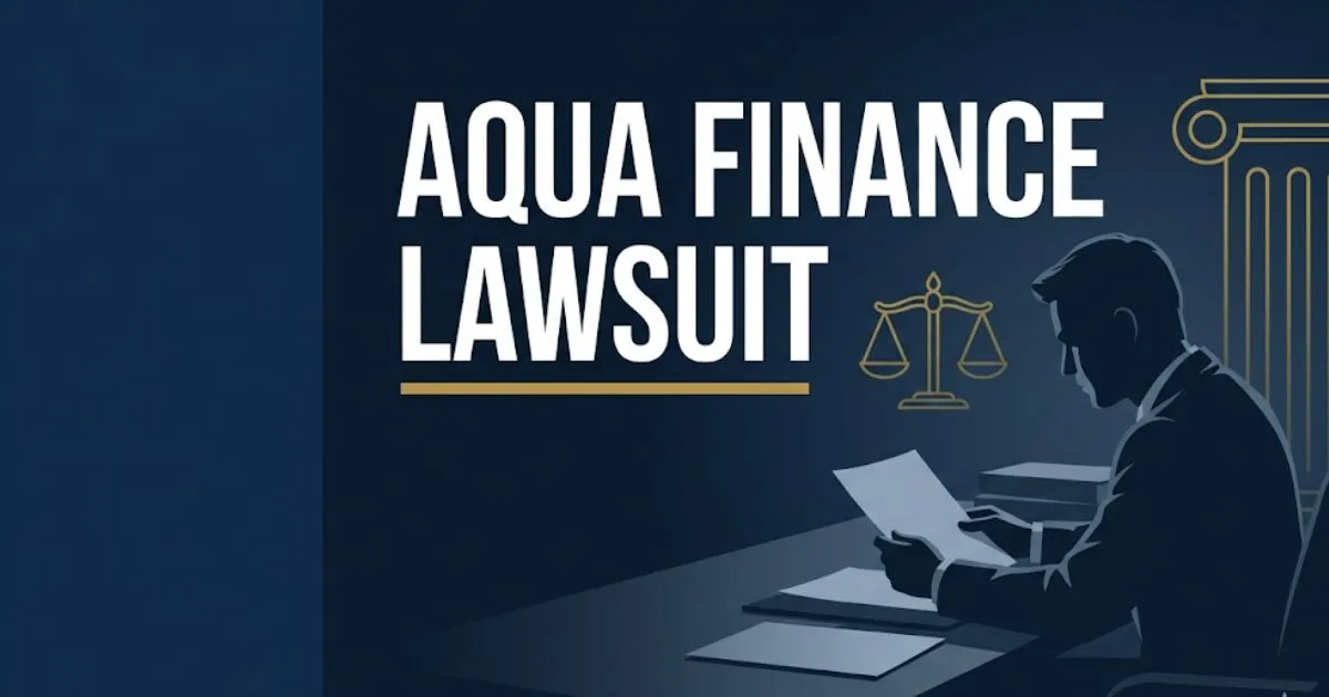 Aqua Finance lawsuit 2026 legal banner showing scales of justice and borrower silhouette on navy background
