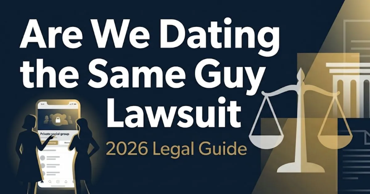 Are We Dating the Same Guy Lawsuit 2026 legal guide banner with scales of justice and social media silhouettes