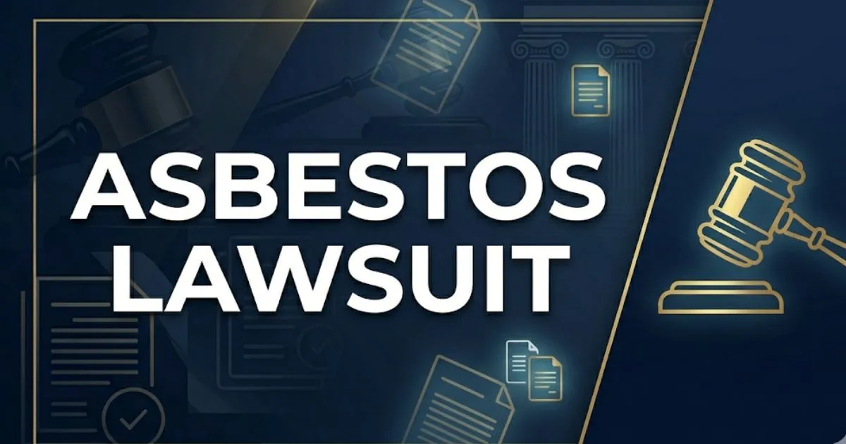 Asbestos lawsuit legal guide banner with gavel and document imagery in navy and gold tones