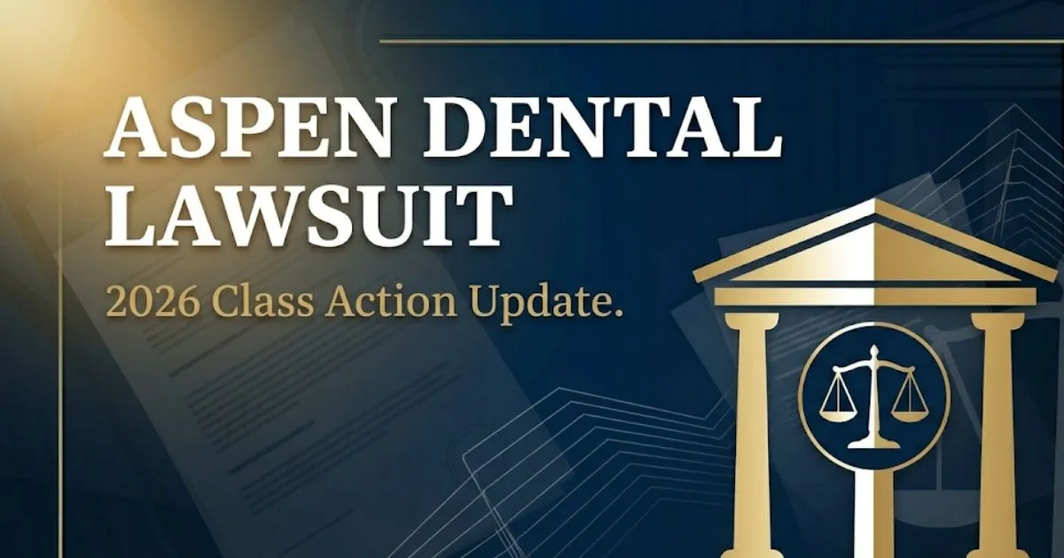 Aspen Dental Lawsuit 2026 class action blog banner with courthouse silhouette and legal scales on navy background
