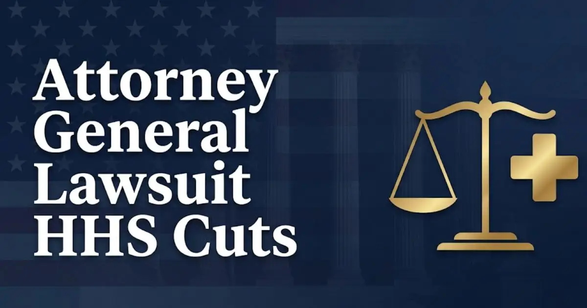 Attorney general lawsuit HHS cuts legal guide banner with scales of justice and healthcare symbol