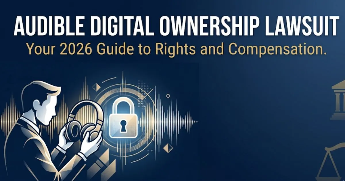 Audible digital ownership lawsuit 2026 guide banner with legal icons and consumer rights theme on navy background