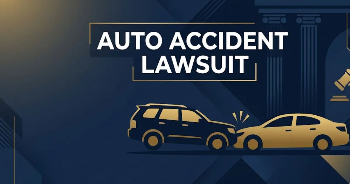 Auto accident lawsuit guide banner with car collision silhouette and legal symbols on navy background