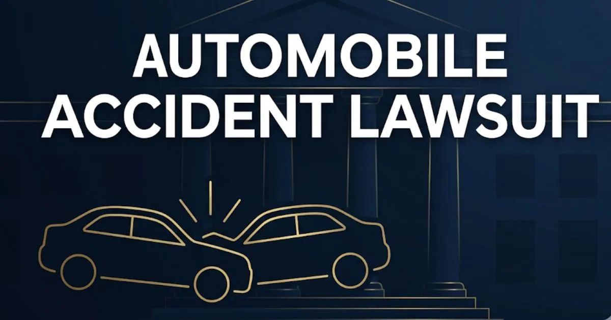 Automobile accident lawsuit legal guide banner with collision silhouette and courthouse design