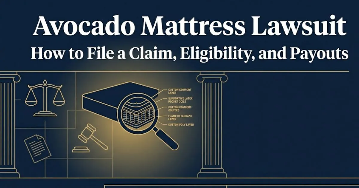 Avocado mattress lawsuit 2026 banner with legal symbols and mattress illustration