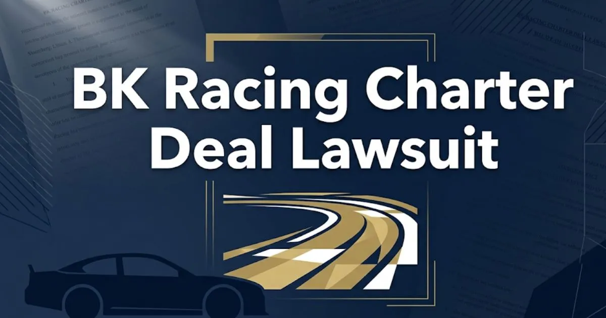 BK Racing charter deal lawsuit 2026 legal guide banner with racetrack silhouette and legal document background