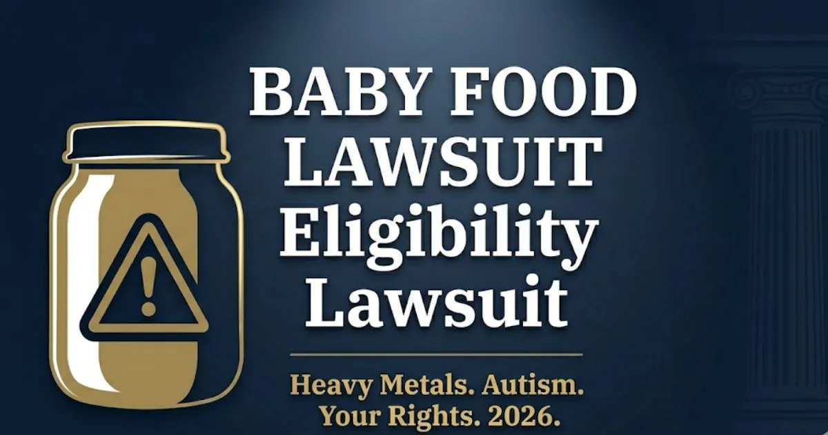 Baby food lawsuit 2026 hero banner showing heavy metals warning symbols and legal themed design in navy and gold