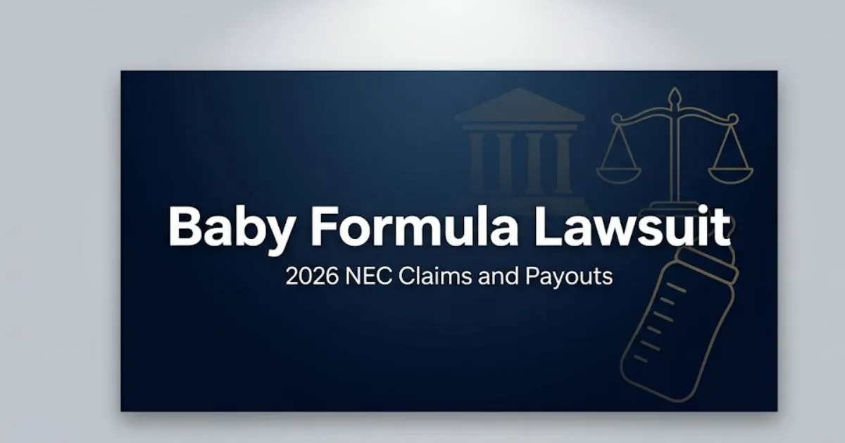 Baby formula lawsuit 2026 blog banner with legal scales and formula bottle icons on navy background