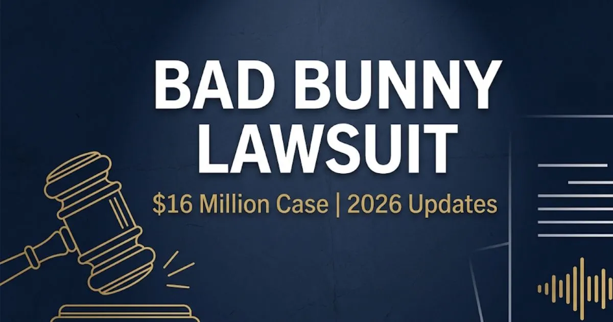 Bad Bunny lawsuit hero banner showing $16 million case details and 2026 court updates with legal gavel icon